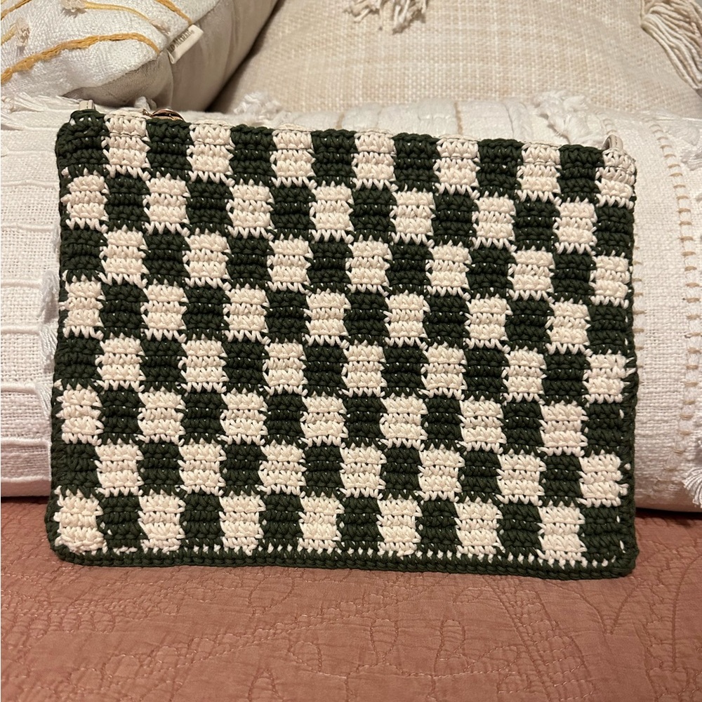 Clare V Flat Clutch w/ Tabs Crème and Green Checker